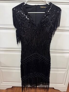 BABEYOND Black Sequin Fringe Mini Dress